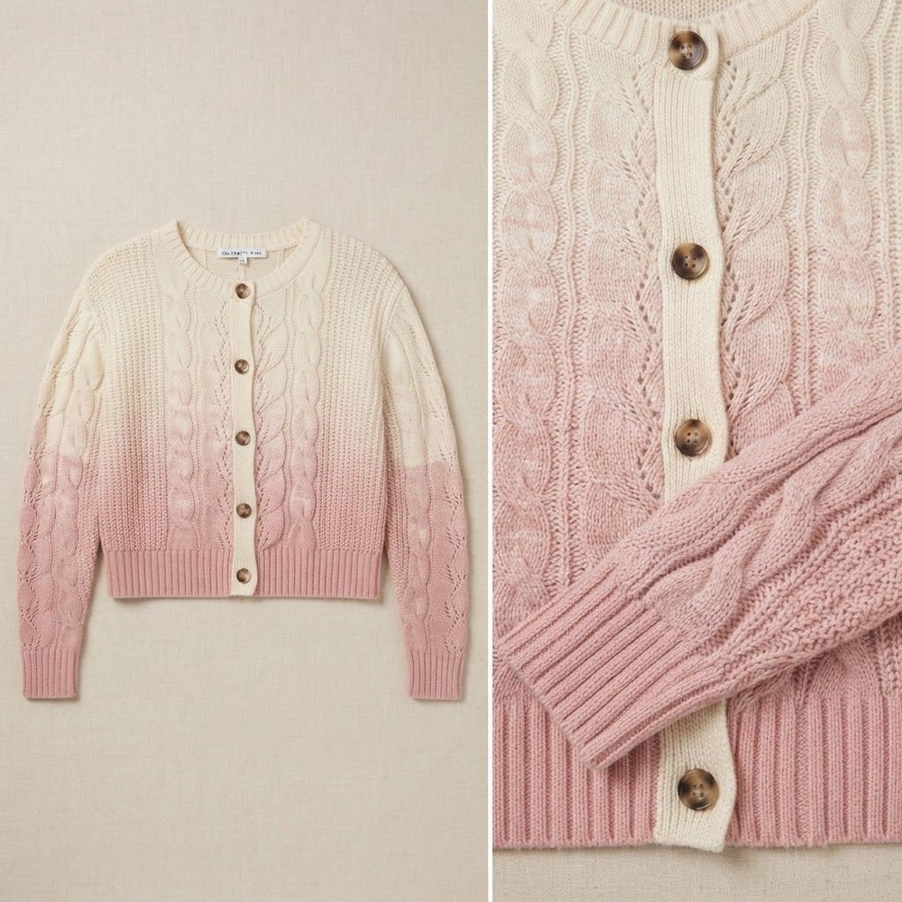 Medium Ombre Cable Knit Cardigan Pink Cream Sweater Cottage Pairie Farm Grandma
